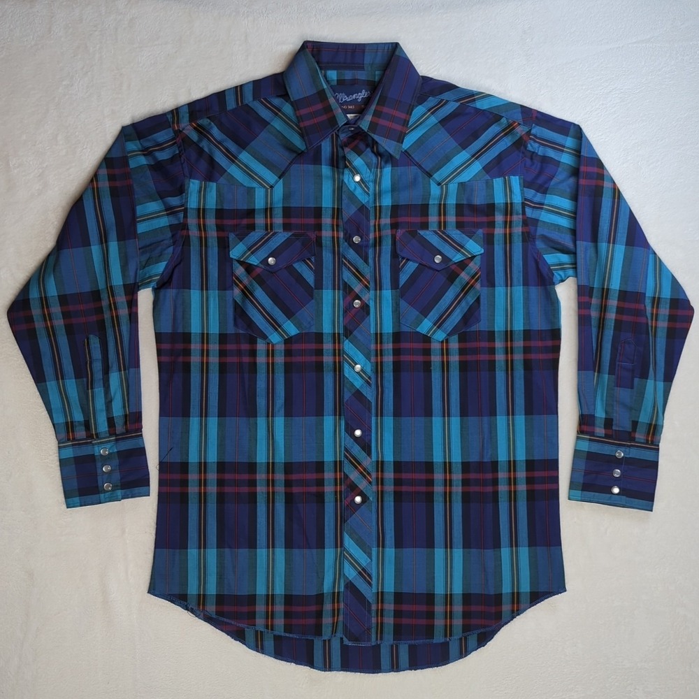 WRANGLER X-Long Tails Shirt Vintage Pearl Snap Men's 15 1/2-33 Plaid Cowboy 90's